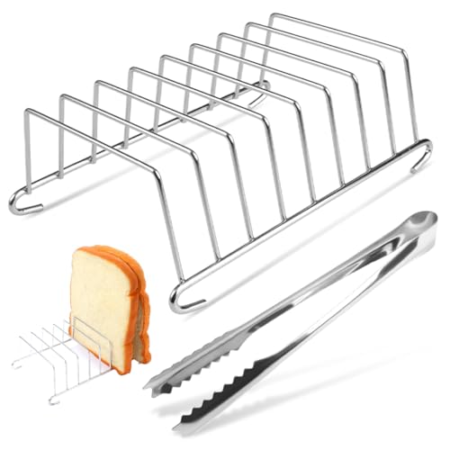 Soporte para Pan Tostado de 8 Ranuras con Pinzas para Pan, 15,5 X 8,5 cm Soporte para Tostadas de Acero Inoxidable para Enfriar y Conservar el Pan, Ideal para Cocinas, Restaurantes y Fiestas, Plata
