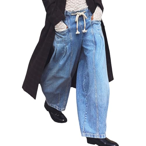 Womens Casual Drawstring Jeans Trendy 2025 Elastic Waisted Boyfriend Baggy Wide Leg Denim Pants