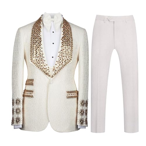 Mens Luxury Jacquard 2 Pieces Suit with Rhinestone Slim Fit Shawl Lapel Blazer Jacket Pants Set for Prom,Wedding