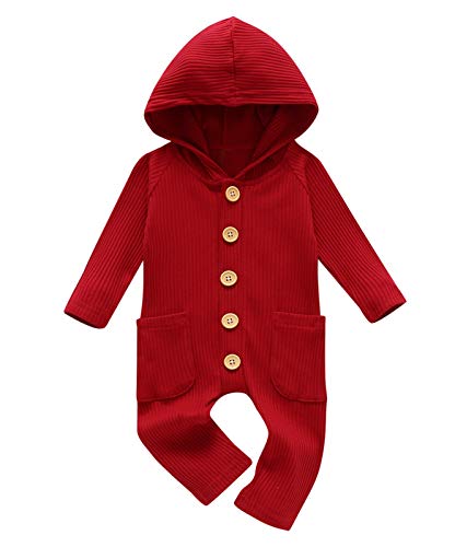 GRNSHTS Baby Boy Girl Hooded Romper Button Solid Knitted Jumpsuit Long Sleeve Bodysuit Outfits Unisex Baby Clothes (Wine Red, 0-3 Months)