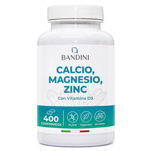 Bandini® Calcio, Magnesio, Zinc + Vitamina D3 y K2 MK7 | 400 Tabletas de Alta Potencia | Con Cobre, Selenio, Manganeso y Boro | Complejo de Vitaminas y Minerales | Huesos, Función muscular y Inmunidad