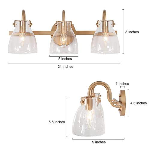 Image of KSANA Gold Bathroom Light Fixtures, 3-Light Modern Vanity Lights for Powder Room, Brass Bathroom Vanity Lights Over Mirror with Clear Glass Shade