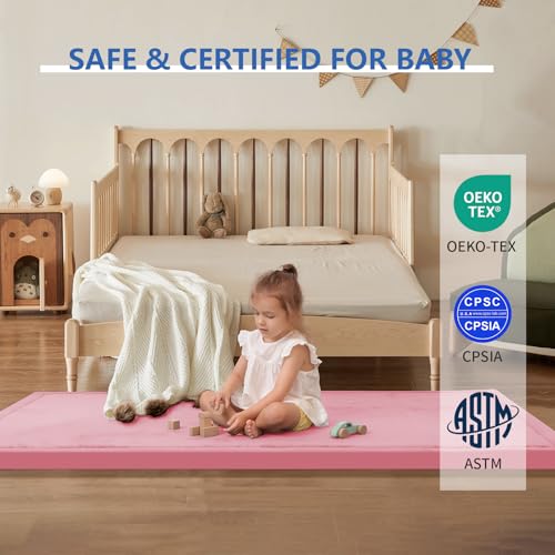 Image of 2 inch Thick Play Mat for Babies Toddlers,Extra Safety Anti-Fall Cushion Mat, Non-Slip Water-Repellent Coral Velvet,28 inchx72 inch Bedside Rug for Kids Room (Pink)