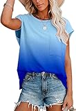 mia moda tunika  Ancapelion Damen Casual T-Shirt Kurzarm Sommer Tops Lose Oberteile Rundhals Basic Bluse mit Tasche Farbverlauf blau L