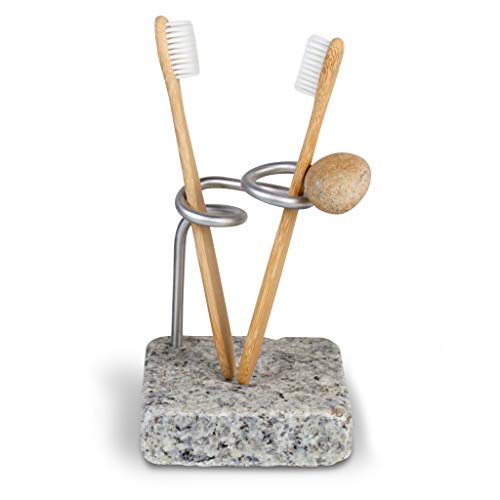 Sea Stones Eco-Friendly Two (2) Handmade Toothbrush Divided Holder Stand. Keep Oral B-Rushes Clean And Dry. Made Of Granite And Aluminum For Bathrooms, Showers, Sinks. Home Decor Made In The Usa #TOP23