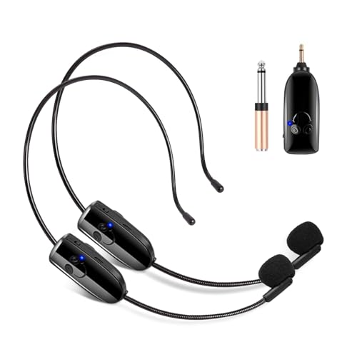HUACAM - Sistema de micrófono inalámbrico para 2 personas, auriculares inalámbricos duales de 2.4G y de mano 2 en 1, alcance de 150 pies para amplificador de voz, altavoces de escenario, profesor,