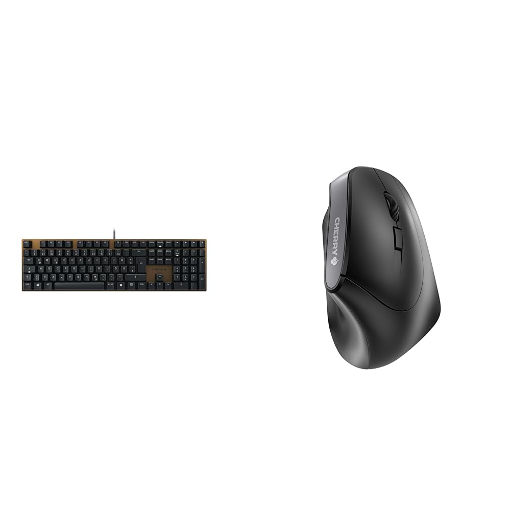 CHERRY KC 200 MX, Mechanische Office-Tastatur mit Eloxierter Metallplatte & MW 4500, kabellose Maus, ergonomische Rechtshändermaus im 45° Design