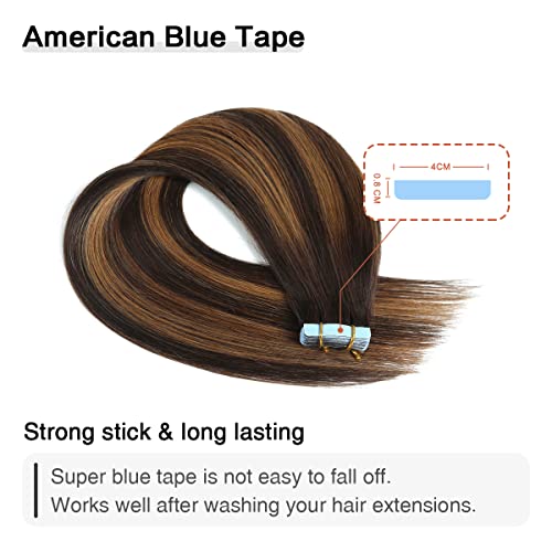 Image of SUYYA Tape In Hair Extensions Human Hair 18 Inch #P2 /8 /T2 Brown Balayage | Remy Human Hair, Invisible Skin Weft, Straight Hair, 20PCS 40G, Darkest Brown to Light Brown Balayage, Added Length & Volume