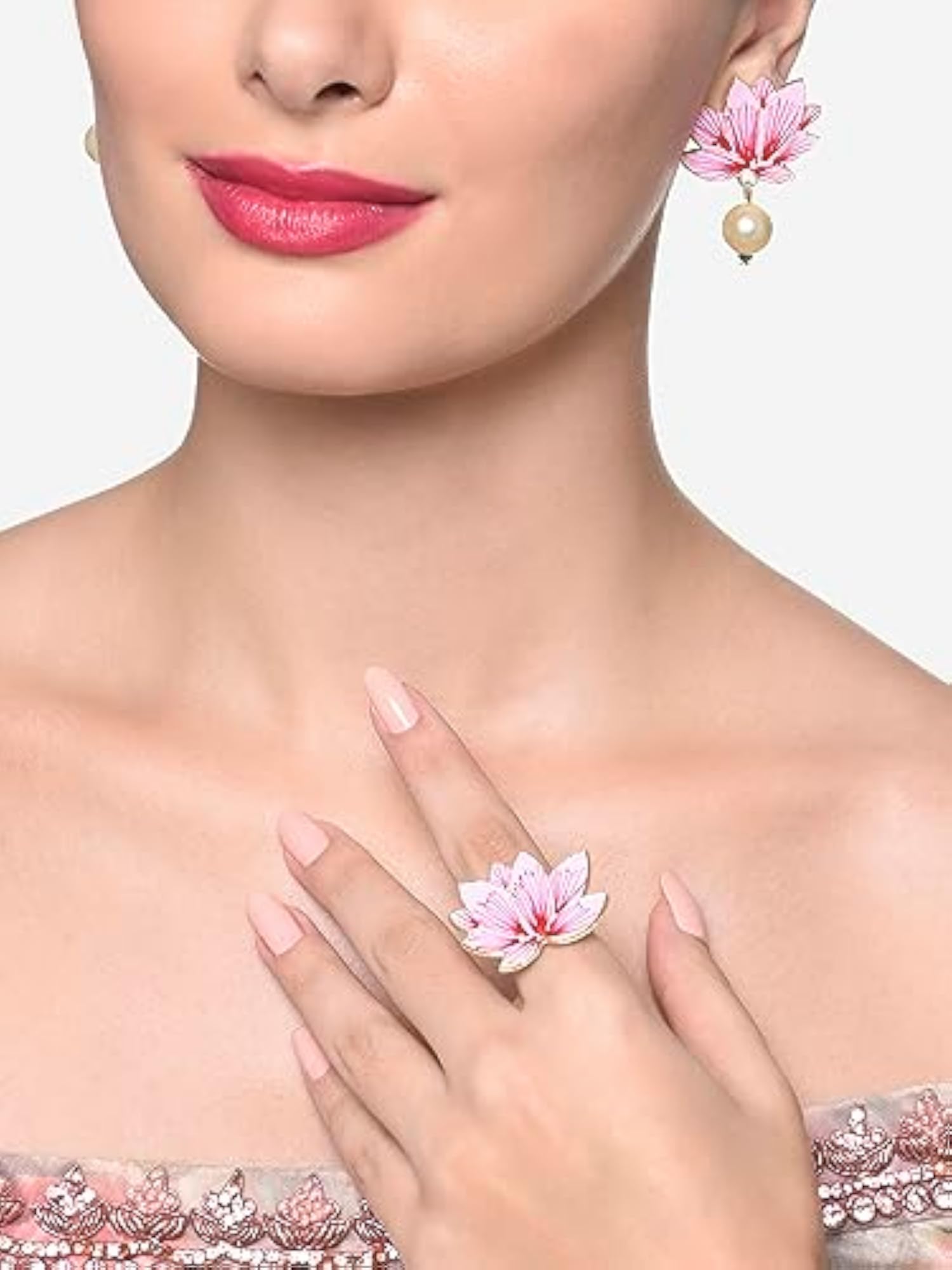 Red Lotus Enamel Ethnic Drops Earring & Ring Set