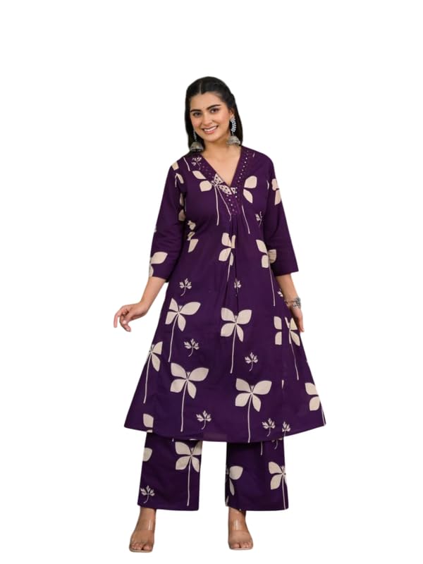 Image of NIVANA Cotton Floral Printed & Neckline Embroidered A-Line Kurta with Palazzo for Women | Fashionable Ethnic Wear Kurta Set