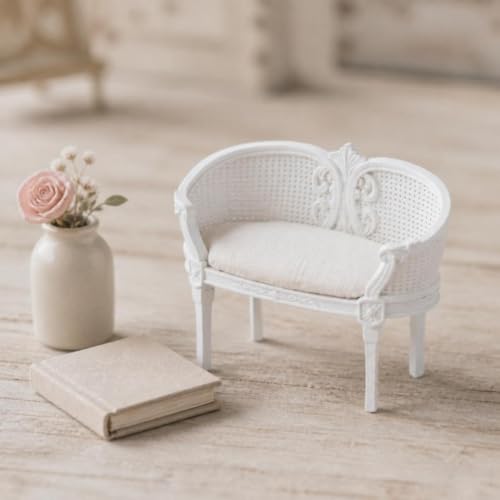 Sofá casa muñecas con cojín y sillón en miniatura de ratán blanco para maquetas vintage 4
