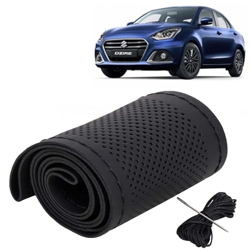 Image of KINGSWAY PU Leatherite Car Steering Cover Sewable Compatible with Maruti Suzuki Swift Dzire (Year 2020 Onwards), Black Color with Black Thread, Pack of 1 with Sewing Needle and Thread