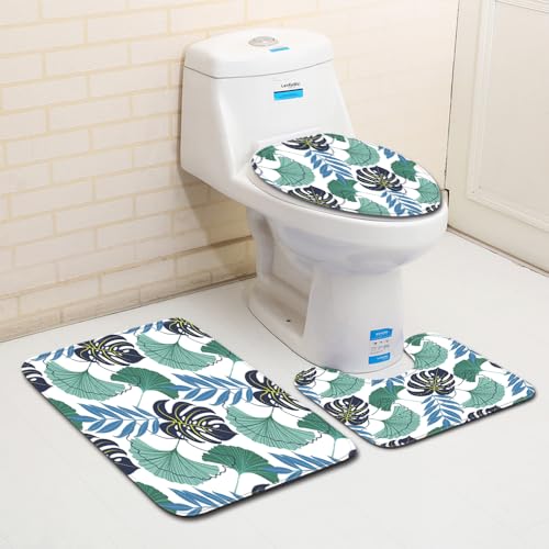 Bad Teppiche Set 3-Teiliges Grüner Ginkgo Biloba WC Vorleger Mit Ausschnitt Badematte Saugfähig WC Deckelbezug Badvorleger rutschfest Waschbar Toilettensitzbezug Badgarnitur (50x80cm)