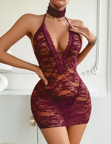 Image of Avidlove Women Babydoll Lingerie Lace Chemise Halter Nightwear Teddy Dress