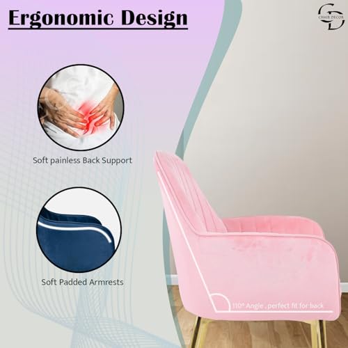 Image of Velvet Accent Chair | Luxury Upholstered Armchair with Sturdy Metal Legs | Modern Comfortable Chair for Living Room, Bedroom, Office, or Cafe (Golden Legs, Baby Pink)