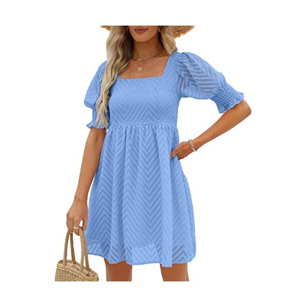 WEESO Womens Summer Puff Sleeve Square Neck Empire Waist Babydoll Dresses XXS-2XL, 07-light Blue, Small, 07-light Blue, S