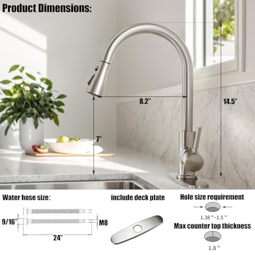 KINGO Kitchen Faucet, Brushed Nickel Kitchen Faucets with Pull Down Sprayer, High Arc Single Handle Stainless Steel Sink Faucets 1 or 3 Hole, Kitchen Sink Faucets for Farmhouse Camper Laundry Rv Bar - Image 3