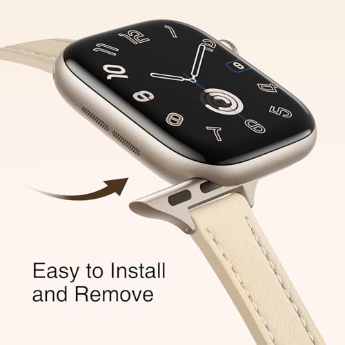 Image of STIROLL Slim Leather Bands Compatible with Apple Watch Band 38mm 40mm 41mm 42mm(Series 11 10), Top Grain Leather Watch Thin Wristband for iWatch SE 9 8 7 6 5 4 3 2 1 (Beige Starlight)