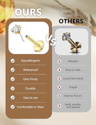 20G/18G Nose Rings Studs for Women Men - 14K Gold Filled Flat Back Nose Studs Nose Ring Hoops Hypoallergenic Surgical Steel Threadless Push in CZ Helix Tragus Conch Nostril Cartilage Piercing Jewelry4