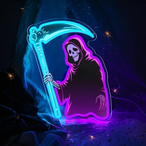 Image of Grim Reaper Neon Sign with Scythe, Dimmable LED Skeleton Neon Light for Wall Decor, Gothic Room, Man Cave, Bar, Game Room Decor Gifts