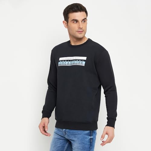 Image of Cantabil Printed Navy Blue Full Sleeves Round Neck Regular Fit Men Fleece Casual Sweatshirt | Casual Winter Sweatshirts for Men | Mens Sweatshirt for Winter Wear (P MSWS00101 Navy)