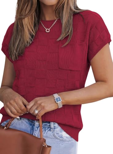 Image of SHEWIN Womens Fall Tops for Women Casual Crewneck Short Sleeve Shirts Cap Sleeve Knit Sweater Vest Summer Tops