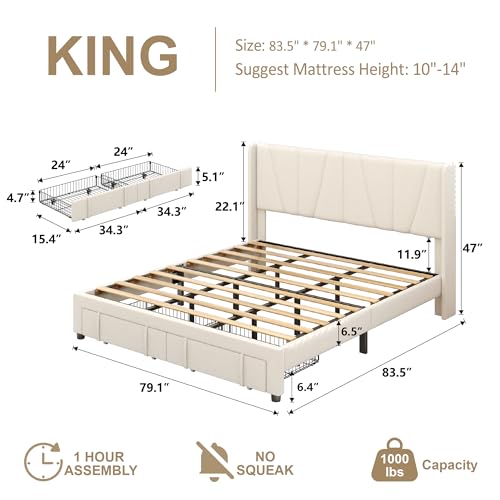 King-Bed-Frame-with-Storage-Drawers-Upholstered-King-Size-Platform-Bed-with-47-Tall-Headboard-and-Wingboard-No-Box-Spring-Needed-NO-Noise-Easy-Assembly-Wooden-Support-Slats-Beige