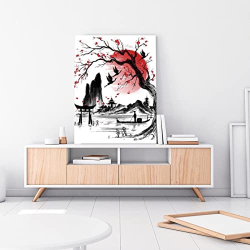 Posters Asian Wall Art Ink And Landscape Painting Of Fishermen Rowing A Boat Wall Art Canvas Wall Art For Living Room Bedroom Office Kitchen Decor 24X32Inch(60X80Cm) Frame-Style #TOP2