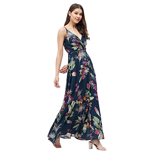Image of Harpa Women's Rayon Modern Maxi Casual Dress (GR6387A- Blue Medium)