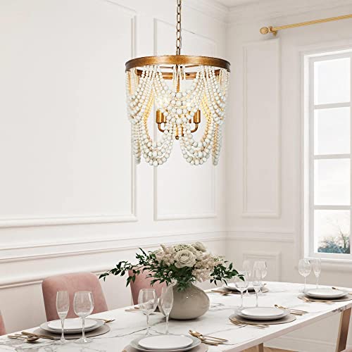 Uolfin Beaded Chandeliers For Dining Room, 2-Tier Boho Chandelier Light Fixture, Modern Farmhouse Wood Bead Light Fixture In Antique Gold Finish For Bedroom, Foyer, Living Rooms, 15.7’’ Dia #TOP1