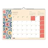 Miquelrius Wandkalender 2026, Jahresplaner A3, 420 x 296 mm, mit Notizfeld, Doppelspiralbindung, 12-Monatsplaner, Spanisch, Blumen