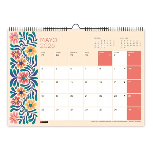 Miquelrius - Calendario 2026 de pared, Organizador anual A3: 420 x 296 mm, Con espacio para anotar, Encuadernación espiral doble, Planificador 12 meses, Español, Flores