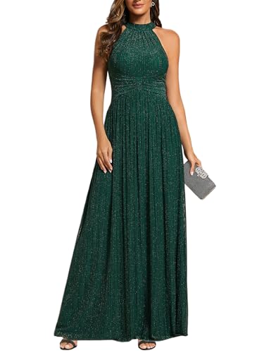 Ever-Pretty Women's Sexy Halter Sleeveless Pletaed Floor Length Glitter Evening Formal Dress Dark Green US8