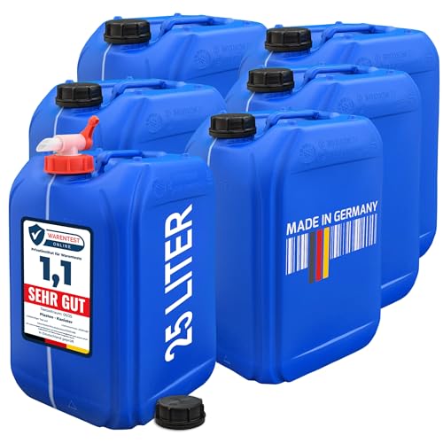 plasteo 6 bidones de agua para bebidas de 25 litros con 1 grifo y 6 tapas de rosca (DIN 61), apto para alimentos, sin BPA, portátil, color azul con rayas visibles