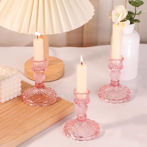 12Pcs Pink Candlestick Holders Set- 4" H Taper Candle Holders Bulk, Glass Candle Holders for Wedding, Party, Romantic Dinner Table Centerpieces, Festival Gifts & Windowsill Decor by DARJEN - Image 3