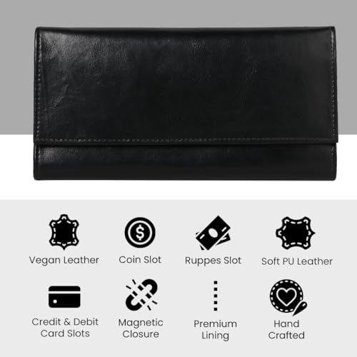 Women's Vegan Leather Wallet | Handcrafted Clutch | Holds Up to 6 Cards | Magnetic Closure | Black2