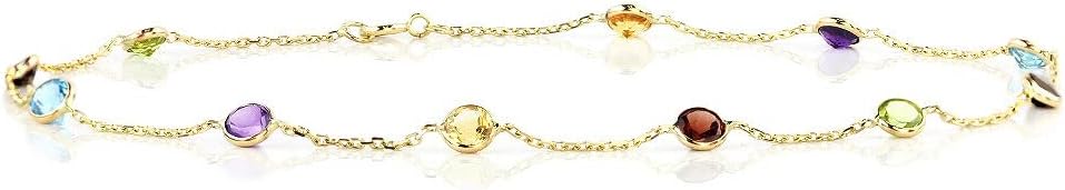 14K Yellow Gold Bracelet With Round Multi-Color Gemstones 7.25 Inches