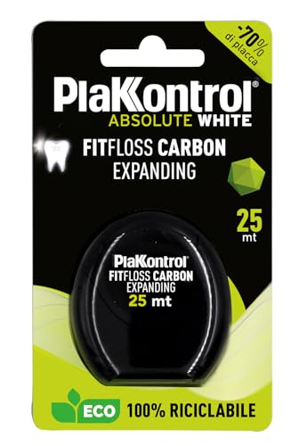 Plakkontrol® Fit Floss Carbon Expanding - Hilo dental blanqueador negro expandible con micropartículas de carbón activo vegetal, 1 unidad, 25 m, peso del paquete: 23 g