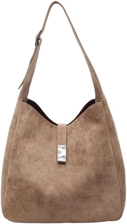 Women’s Vintage Suede Slouchy Hobo Bags, Minimalist Shoulder Bag with Zippered Pouch, Retro Purse for Weekend Commute