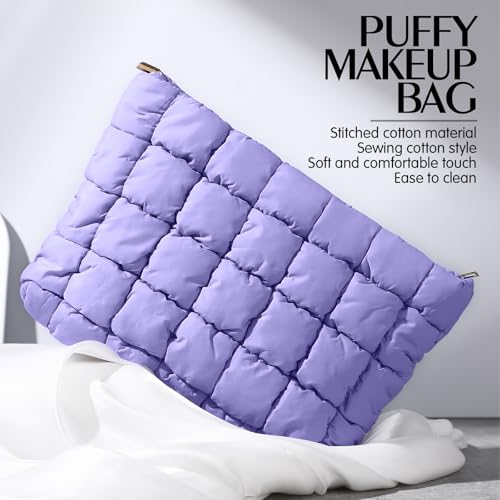Hillban Puffy Quilted Makeup Bag Quilted Cosmetic Bag Cute Puffer Toiletry Checkered Pouch Aesthetic Travel Makeup Brushes Organizer(Purple,Classic)2