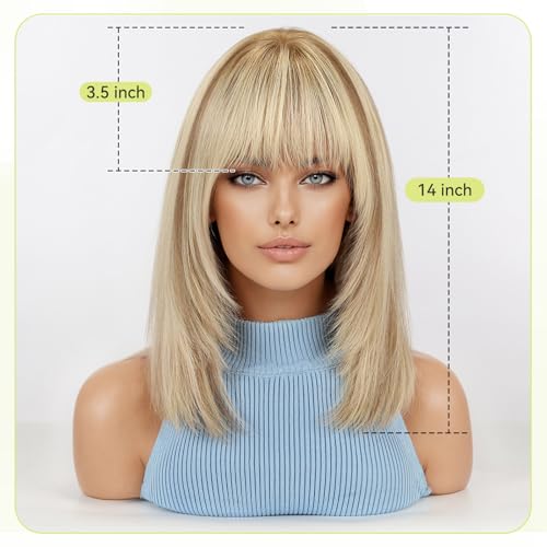 Image of RSY 14 Inch Ombre Blonde Mixed Light Brown Straight and Layered Real Human Hair Wigs for Women with Bangs