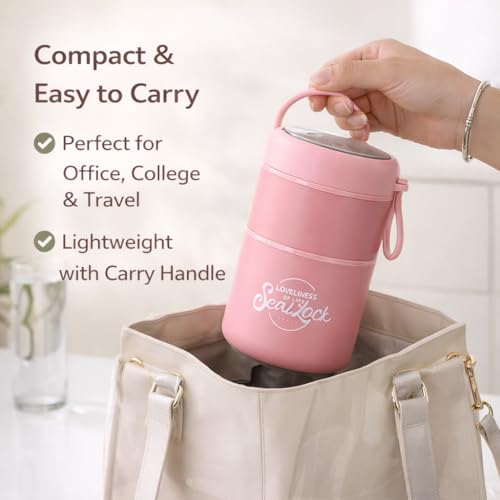 Image of Insulated Lunch Container Hot Food Jar - Leakproof 2-Tier Stackable Bento Box with Foldable Spoon - 780ml Pink Stainless Steel Thermal Food Flask