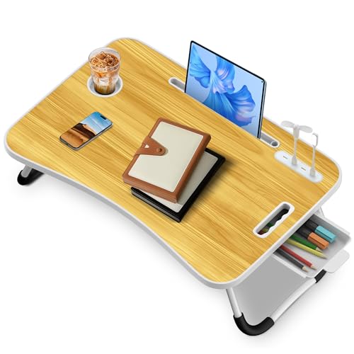 Soontrans Laptoptisch, 60 x 40 x 28 cm, Laptop Tisch mit Schublade, Getränkehalter, Kleiner Ventilator, Tablethalter, Griff, Betttisch Klappbar für Bett und Sofa, Couch, Boden, Betttablett(Holzfarbe)
