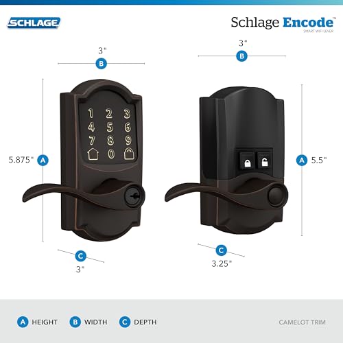 Image of Schlage Encode Smart WiFi Lock, Lever Handle, Camelot Trim, Aged Bronze | Keyless door lock with handle, Touchscreen keypad, App control, Alexa, Google, Ring & Airbnb compatible, Certified security
