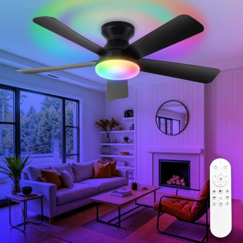 Image of Depuley Ceiling Fan with RGB Light: 42-Inch Black Small Fans for Bedroom Indoor Outdoor - Dimmable Low Profile Ceiling Fans with Remote Control Flush Mount 5 Reversible Black Blades 6 Speeds Timer