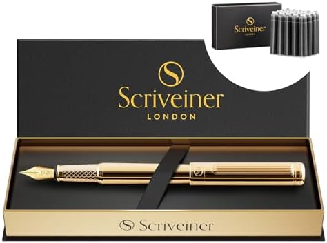قلم حبر جاف فاخر من Scriveiner - قلم ذهبي مذهل، مطلي بالذهب الحقيقي، قلم شميدت المذهب الناعم، مجموعة مع خراطيش حبر قلم حبر جاف - أسود - 20 Standard International، صنع في المملكة المتحدة