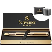 قلم حبر جاف فاخر من Scriveiner - قلم ذهبي مذهل، مطلي بالذهب الحقيقي، قلم شميدت المذهب الناعم، مجموعة مع خراطيش حبر قلم حبر جاف - أسود - 20 Standard International، صنع في المملكة المتحدة