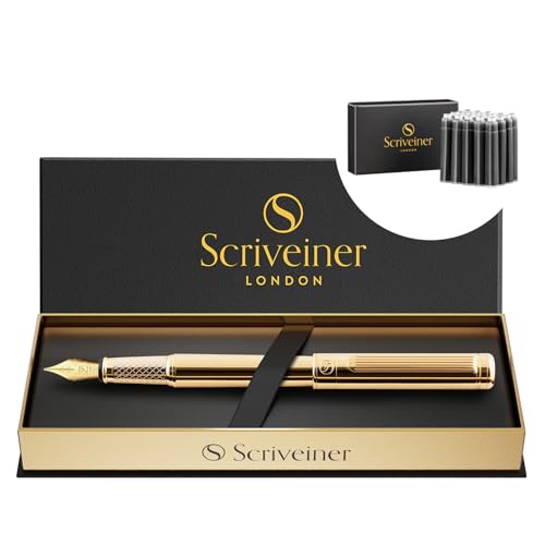 Scriveiner Luxury Fountain Pen - Stunning Gold Pen, Real Gold Plating, Schmidt Gilded Nib (Fine), Bundle with Fountain Pen Ink Cartridges - Black - 20 Standard International, Made in UK