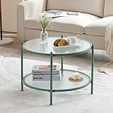VINGLI 25.6' Small Light Bright Green Round Coffee Table Water-Wave Glass Circle Clear Center Coffee Table with 2-Tier Modern Storage Design for Living Room, Bedroom, Meeting Room, Balcony, Patio