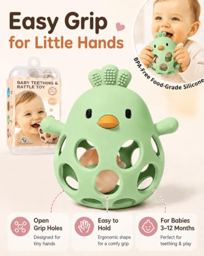 Image of Tinabless 2-in-1 Baby Teether Rattle Toy, Easy Grip Silicone Teething Toy for Babies 3-12 Months, BPA-Free Sensory Chew Toy for Sore Gums, Infant Shower Gift (Green w /Rattle)